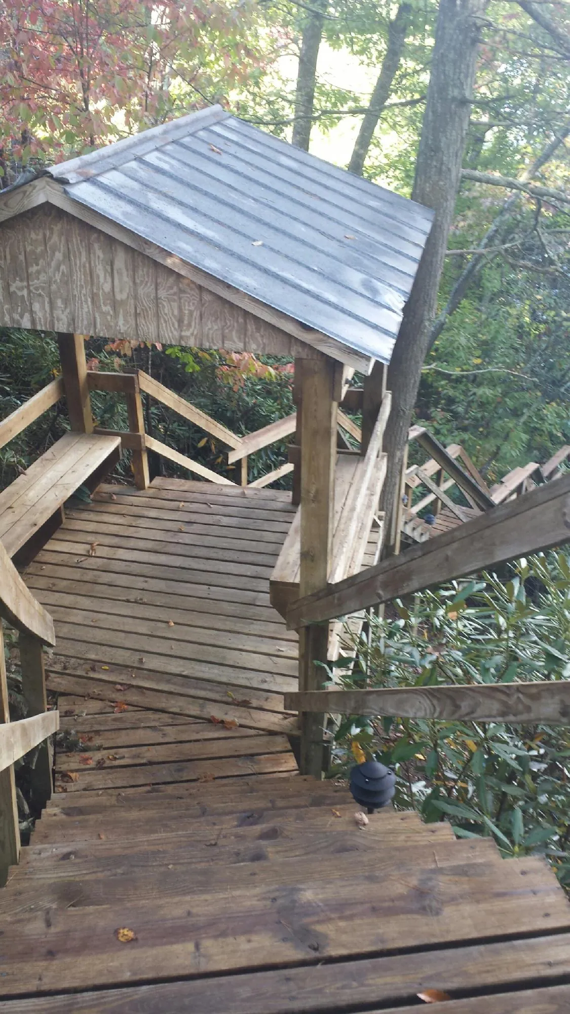 Metal roofed shelter over wooden steps on a wooded walkway — Skylight Repair & Installation work by our crew in New Marshfield